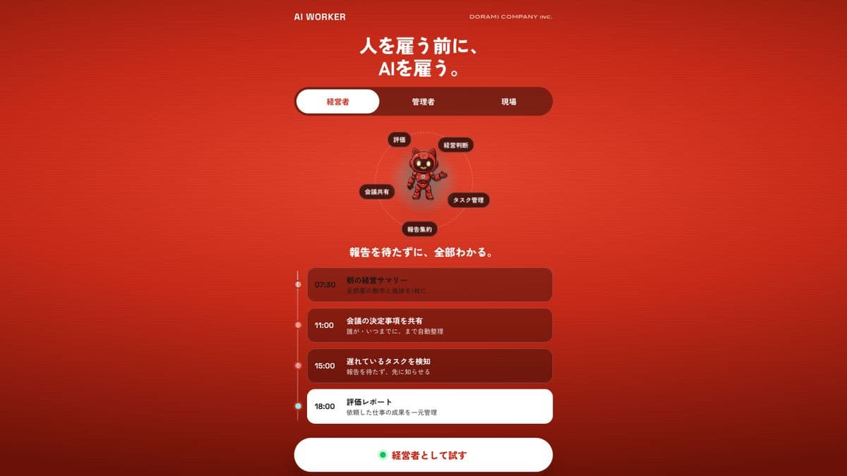 AIワーカー 営業LPのトップ画面